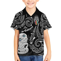Kia Hara Te reo Maori Family Matching Off Shoulder Maxi Dress and Hawaiian Shirt Manaia Moko Pattern LT7 Son's Shirt Black - Polynesian Pride