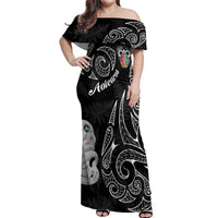 Kia Hara Te reo Maori Off Shoulder Maxi Dress Manaia Moko Pattern LT7 Women Black - Polynesian Pride