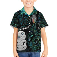 Kia Hara Te reo Maori Kid Hawaiian Shirt Manaia Moko Mix Paua Shell