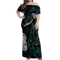 Kia Hara Te reo Maori Off Shoulder Maxi Dress Manaia Moko Mix Paua Shell LT7 Women Green - Polynesian Pride