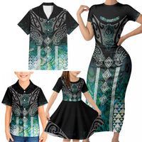 Aotearoa Maori Iwi Heritage Family Matching Short Sleeve Bodycon Dress and Hawaiian Shirt Ngati Kahungunu Paua Shell Turquoise LT7 - Polynesian Pride