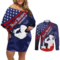 Pearl Harbor Remembrance Day Couples Matching Off Shoulder Short Dress and Long Sleeve Button Shirt Poppy Mix Style LT7 Navy Blue - Polynesian Pride