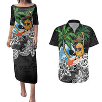 Tropical Christmas Polynesian Couples Matching Puletasi and Hawaiian Shirt Funny Surfing Pineapple LT7 Black - Polynesian Pride