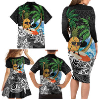 Tropical Christmas Polynesian Family Matching Long Sleeve Bodycon Dress and Hawaiian Shirt Funny Surfing Pineapple