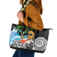 Tropical Christmas Polynesian Leather Tote Bag Funny Surfing Pineapple LT7 Black - Polynesian Pride