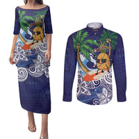 Tropical Christmas Polynesian Couples Matching Puletasi and Long Sleeve Button Shirt Funny Surfing Pineapple Blue LT7 Blue - Polynesian Pride