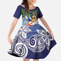 Tropical Christmas Polynesian Family Matching Summer Maxi Dress and Hawaiian Shirt Funny Surfing Pineapple Blue LT7 Daughter's Dress Blue - Polynesian Pride
