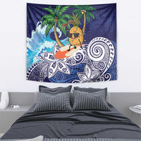 Tropical Christmas Polynesian Tapestry Funny Surfing Pineapple Blue