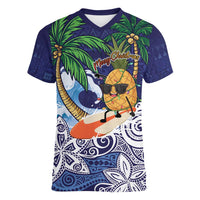 Tropical Christmas Polynesian Women V-Neck T-Shirt Funny Surfing Pineapple Blue LT7 Female Blue - Polynesian Pride