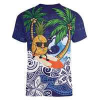 Tropical Christmas Polynesian Women V-Neck T-Shirt Funny Surfing Pineapple Blue LT7 - Polynesian Pride