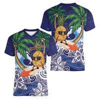 Tropical Christmas Polynesian Women V-Neck T-Shirt Funny Surfing Pineapple Blue LT7 - Polynesian Pride