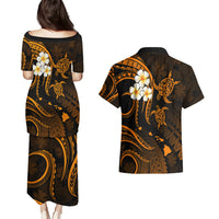 Hawaii Couples Puletasi Dress and Hawaiian Shirt Niihau Islands Polynesian Sunset Plumeria Gold Vibe LT9 - Polynesian Pride