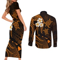 Hawaii Couples Short Sleeve Bodycon Dress and Long Sleeve Button Shirts Niihau Islands Polynesian Sunset Plumeria Gold Vibe LT9 - Polynesian Pride