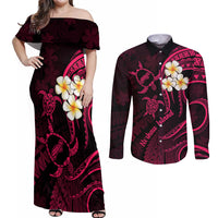 Hawaii Couples Off Shoulder Maxi Dress and Long Sleeve Button Shirts Niihau Islands Polynesian Sunset Plumeria Pink Vibe LT9 Pink - Polynesian Pride