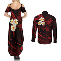 Polynesian Hawaii Couples Summer Maxi Dress and Long Sleeve Button Shirts Niihau Islands with Pacific Plumeria Red Vibe LT9 - Polynesian Pride