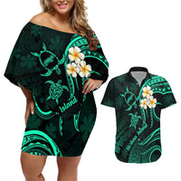 Polynesian Hawaii Couples Off Shoulder Short Dress and Hawaiian Shirt Niihau Islands with Pacific Plumeria Turquoise Vibe LT9 Turquoise - Polynesian Pride