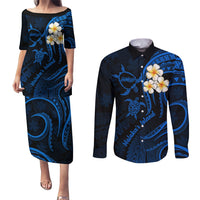 Hawaii Couples Puletasi Dress and Long Sleeve Button Shirts Molokai Islands Polynesian Sunset Plumeria Blue Vibe LT9 Blue - Polynesian Pride