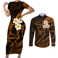 Hawaii Couples Short Sleeve Bodycon Dress and Long Sleeve Button Shirts Molokai Islands Polynesian Sunset Plumeria Gold Vibe LT9 Gold - Polynesian Pride