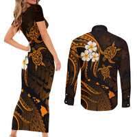 Hawaii Couples Short Sleeve Bodycon Dress and Long Sleeve Button Shirts Molokai Islands Polynesian Sunset Plumeria Gold Vibe LT9 - Polynesian Pride