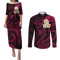 Hawaii Couples Puletasi Dress and Long Sleeve Button Shirts Molokai Islands Polynesian Sunset Plumeria Pink Vibe LT9 Pink - Polynesian Pride
