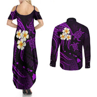 Polynesian Hawaii Couples Summer Maxi Dress and Long Sleeve Button Shirts Molokai Islands with Pacific Plumeria Purple Vibe LT9 - Polynesian Pride