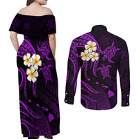 Polynesian Hawaii Couples Off Shoulder Maxi Dress and Long Sleeve Button Shirts Molokai Islands with Pacific Plumeria Purple Vibe LT9 - Polynesian Pride