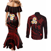 Polynesian Hawaii Couples Mermaid Dress and Long Sleeve Button Shirts Molokai Islands with Pacific Plumeria Red Vibe LT9 - Polynesian Pride