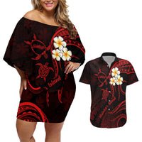 Polynesian Hawaii Couples Off Shoulder Short Dress and Hawaiian Shirt Molokai Islands with Pacific Plumeria Red Vibe LT9 Red - Polynesian Pride