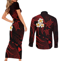 Polynesian Hawaii Couples Short Sleeve Bodycon Dress and Long Sleeve Button Shirts Molokai Islands with Pacific Plumeria Red Vibe LT9 - Polynesian Pride