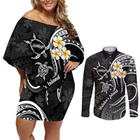 Polynesian Hawaii Couples Off Shoulder Short Dress and Long Sleeve Button Shirts Molokai Islands with Pacific Plumeria White Vibe LT9 White - Polynesian Pride