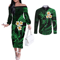 Hawaii Couples Off The Shoulder Long Sleeve Dress and Long Sleeve Button Shirts Lanai Islands Polynesian Sunset Plumeria Green Vibe LT9 Green - Polynesian Pride