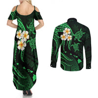 Hawaii Couples Summer Maxi Dress and Long Sleeve Button Shirts Lanai Islands Polynesian Sunset Plumeria Green Vibe LT9 - Polynesian Pride