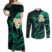 Polynesian Hawaii Couples Off Shoulder Maxi Dress and Long Sleeve Button Shirts Lanai Islands with Pacific Plumeria Turquoise Vibe LT9 Turquoise - Polynesian Pride