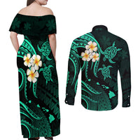 Polynesian Hawaii Couples Off Shoulder Maxi Dress and Long Sleeve Button Shirts Lanai Islands with Pacific Plumeria Turquoise Vibe LT9 - Polynesian Pride