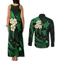 Hawaii Couples Matching Tank Maxi Dress and Long Sleeve Button Shirts Kauai Islands Polynesian Sunset Plumeria Green Vibe LT9 - Polynesian Pride