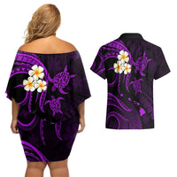 Polynesian Hawaii Couples Off Shoulder Short Dress and Hawaiian Shirt Kauai Islands with Pacific Plumeria Purple Vibe LT9 - Polynesian Pride
