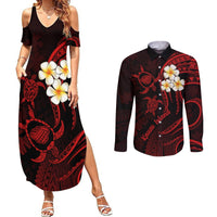 Polynesian Hawaii Couples Summer Maxi Dress and Long Sleeve Button Shirts Kauai Islands with Pacific Plumeria Red Vibe LT9 Red - Polynesian Pride