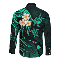 Polynesian Hawaii Long Sleeve Button Shirt Kauai Islands with Pacific Plumeria Turquoise Vibe LT9 - Polynesian Pride