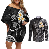 Polynesian Hawaii Couples Off Shoulder Short Dress and Long Sleeve Button Shirts Kauai Islands with Pacific Plumeria White Vibe LT9 White - Polynesian Pride