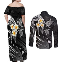 Polynesian Hawaii Couples Off Shoulder Maxi Dress and Long Sleeve Button Shirts Kauai Islands with Pacific Plumeria White Vibe LT9 - Polynesian Pride