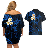 Hawaii Couples Off Shoulder Short Dress and Hawaiian Shirt Kahoolawe Islands Polynesian Sunset Plumeria LT9 - Polynesian Pride