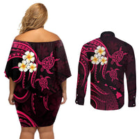 Hawaii Couples Off Shoulder Short Dress and Long Sleeve Button Shirts Kahoolawe Islands Polynesian Sunset Plumeria Pink Vibe LT9 - Polynesian Pride