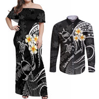 Polynesian Hawaii Couples Off Shoulder Maxi Dress and Long Sleeve Button Shirts Kahoolawe Islands with Pacific Plumeria White Vibe LT9 White - Polynesian Pride
