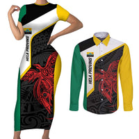 Personalised PNG Hela Province Couples Matching Short Sleeve Bodycon Dress and Long Sleeve Button Shirt Bird of Paradise Tattoo Flag Motif LT9 Yellow - Polynesian Pride