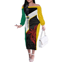 Personalised PNG Hela Province Off The Shoulder Long Sleeve Dress Bird of Paradise Tattoo Flag Motif - Polynesian Pride