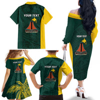 Personalised PNG Jiwaka Province Family Matching Off The Shoulder Long Sleeve Dress and Hawaiian Shirt Bird of Paradise Tattoo Flag Motif LT9 - Polynesian Pride