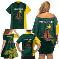 Personalised PNG Jiwaka Province Family Matching Off Shoulder Short Dress and Hawaiian Shirt Bird of Paradise Tattoo Flag Motif - Polynesian Pride