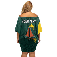 Personalised PNG Jiwaka Province Off Shoulder Short Dress Bird of Paradise Tattoo Flag Motif - Polynesian Pride