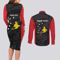 Personalised PNG Sandaun Province Couples Matching Long Sleeve Bodycon Dress and Long Sleeve Button Shirt Bird of Paradise Tattoo Flag Motif LT9 - Polynesian Pride