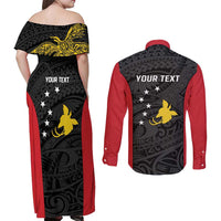 Personalised PNG Sandaun Province Couples Matching Off Shoulder Maxi Dress and Long Sleeve Button Shirt Bird of Paradise Tattoo Flag Motif LT9 - Polynesian Pride